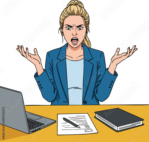 Frustrated businesswoman in blue blazer expressing anger at desk with laptop and documents vector illustration 