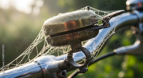 Dew-covered spiderweb glistens on a vintage bicycle bell at sunrise, symbolizing new beginnings and morning freshness.