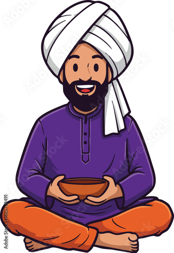 Man wearing turban sitting cross-legged holding bowl vector illustration in traditional attire