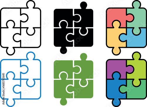 Set of colorful and outline puzzle pieces symbolizing connection and problem-solving