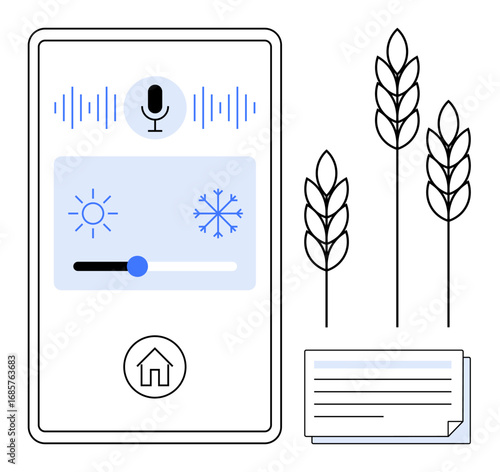 Digital smart home panel with climate control icons, microphone, soundwave visual, wheat stalks, and notes. Ideal for technology, sustainability, agriculture, smart living energy control voice AI