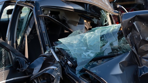 Devastated vehicle after a serious accident at high speed