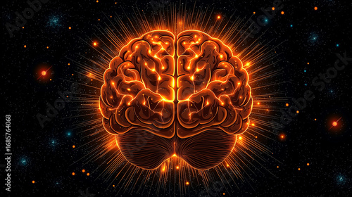 Vibrant, glowing brain illustration with radiant orange highlights against dark cosmic background, symbolizing intelligence and creativity