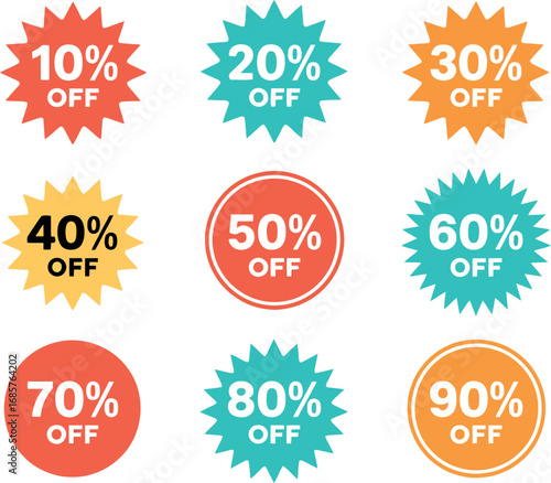 Vibrant discount stickers offering various percentage off deals for sales and promotions