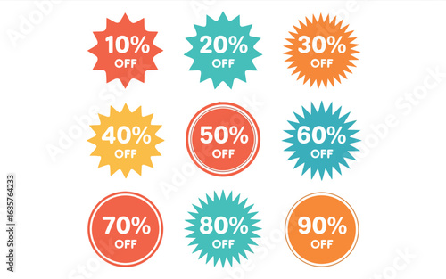 Collection of colorful starburst discount badges showing percentages off