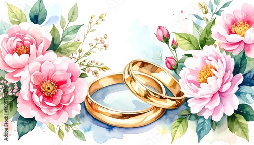 Watercolor illustration of two gold wedding rings nestled among pink peonies and foliage