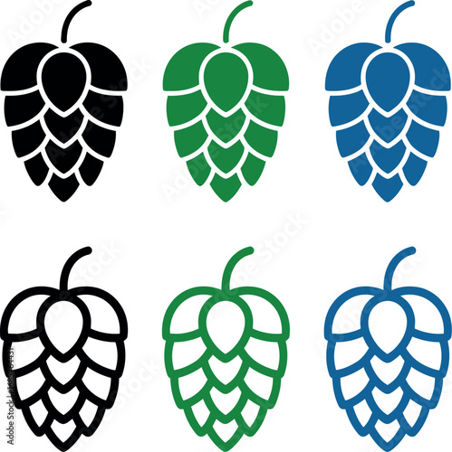 Collection of stylized hop cones in black, green, and blue outlines and silhouettes