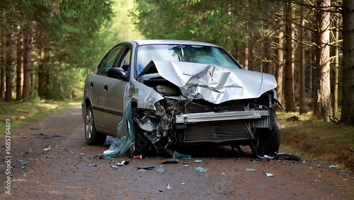 Severely Damaged Car After Roadside Accident in Forest