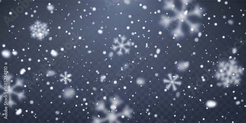 Falling Snow Effect On Transparent Background For Winter, Christmas And Holiday Designs, Decorative Seasonal Overlay For Festive Projects, Vector Illustration