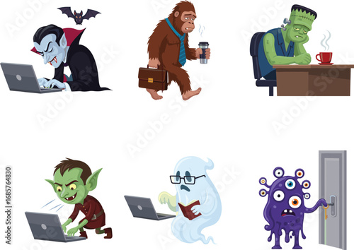 Funny cartoon monsters at work, vampire, zombie, ghost, bigfoot using laptops, humorous office creatures illustration, perfect for Halloween designs