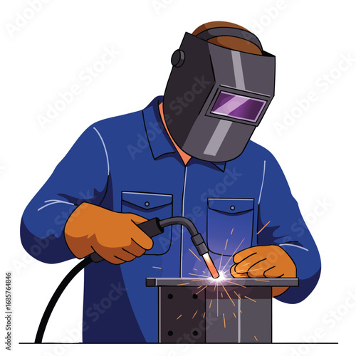Welder using protective mask and gloves performing metal welding with sparks in safety equipment vector illustration 