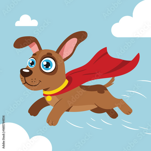 Flying dog with red cape superhero cartoon character in blue sky clouds vector illustration 