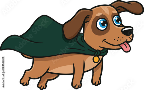 Cute brown dog wearing green superhero cape flying cartoon vector illustration playful and happy pet animal character 