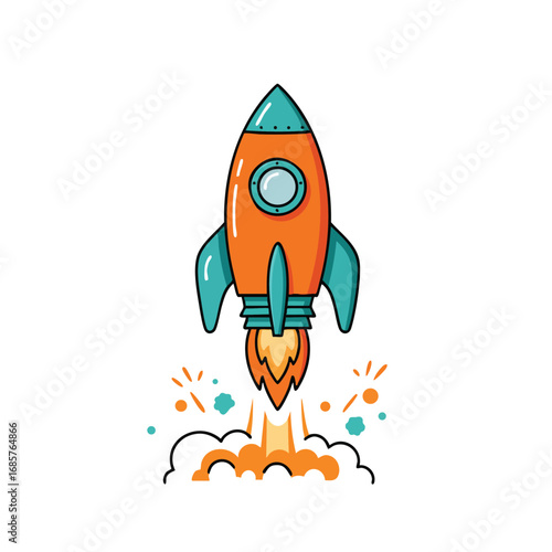 Rocket launching with orange and teal colors cartoon style vector illustration for space and technology concepts 