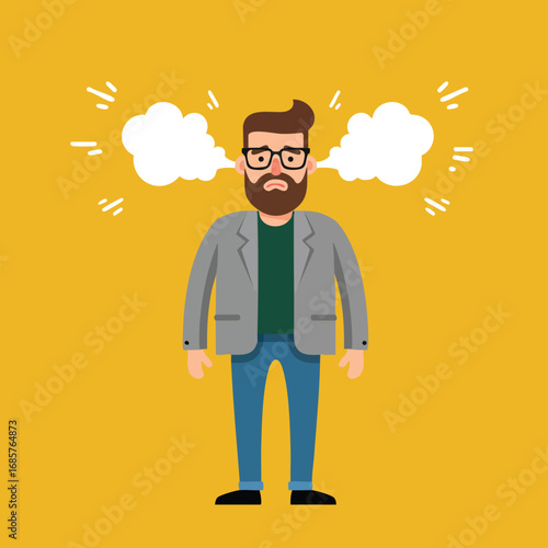 Angry man with beard and glasses exhaling steam in frustration vector illustration on yellow background 