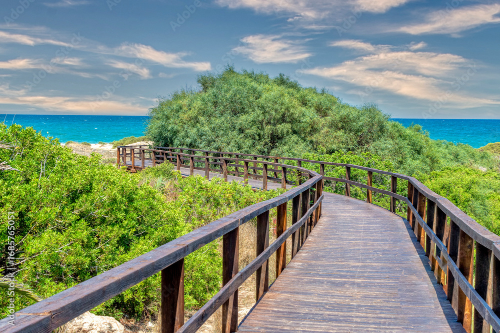 Fototapeta premium VIEW ACCESS TO THE BEACHES OF LOS ARENALES DEL SOL wooden walkways that are located on the dunes, ELCHE, ALICANTE, SPAIN