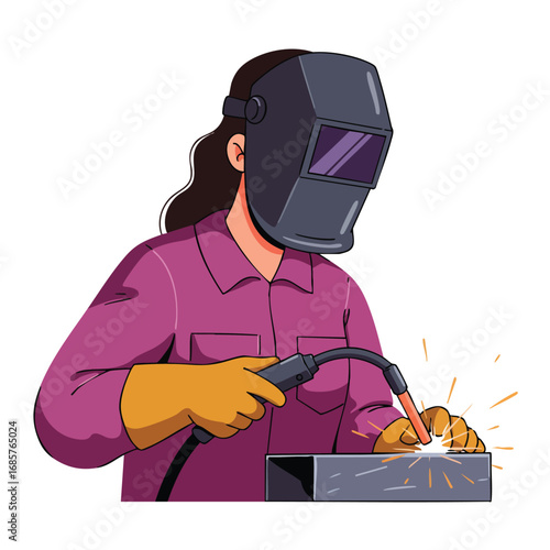 Worker Wearing Protective Mask Welding Metal with Sparks Flying in Industrial Workshop Environment 