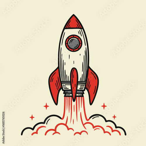 Retro rocket ship blasting off with red fins and flames vintage style vector illustration 