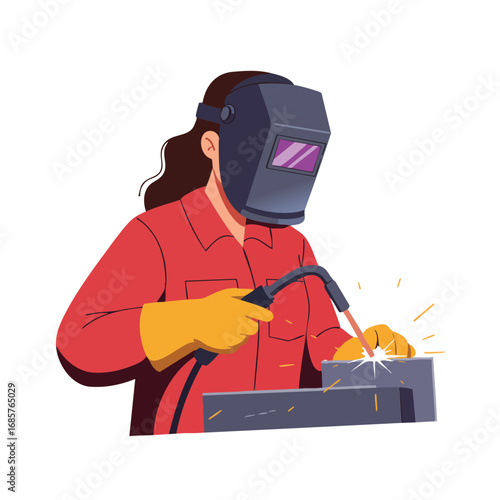 Welder wearing protective mask and gloves welding metal with sparks flying industrial work safety vector illustration 