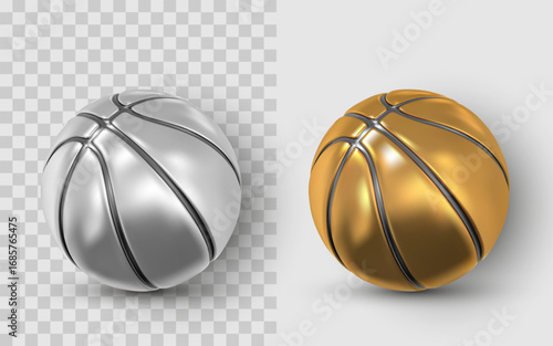 Golden and Silver Metallic Basketball 3D Realistic Icon Set with Shiny Surface and Shadows. High-Quality Sports Design Element. Vector Illustration