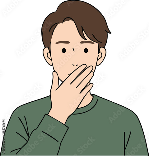 Young man covering mouth with hand showing surprise or shock emotion in green sweater vector illustration 