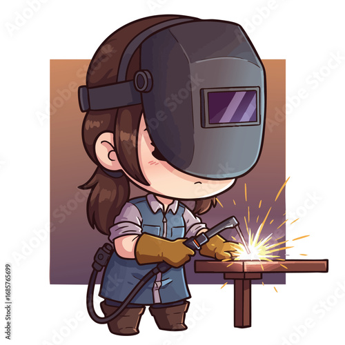 Female welder working with sparks in protective gear welding at workshop vector illustration 