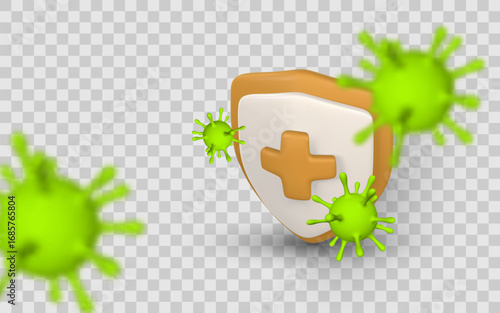Medical Shield Blocking Virus Attack with Orange Cross Symbol. Immune Defense and Health Protection Concept on Transparent Background. Vector Illustration