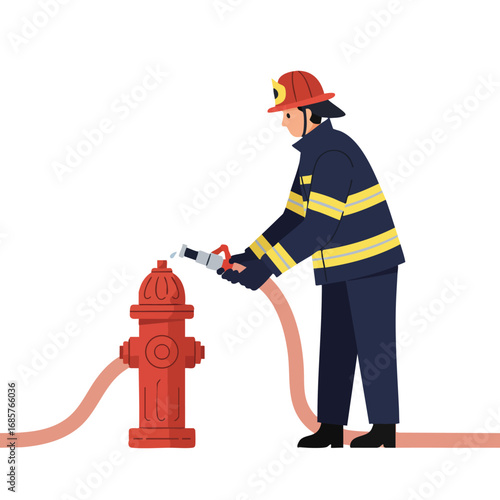 Firefighter connecting hose to red fire hydrant in protective uniform and helmet vector illustration 