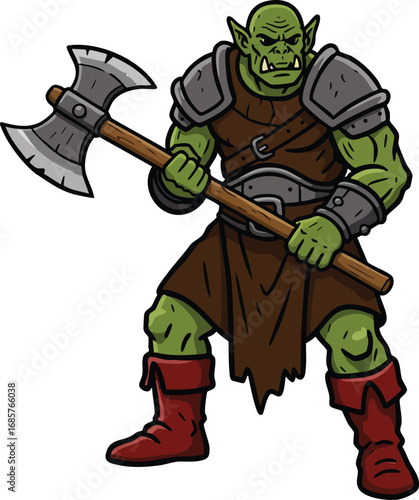 Orc warrior character holding battle axe in armor and boots fantasy vector illustration 