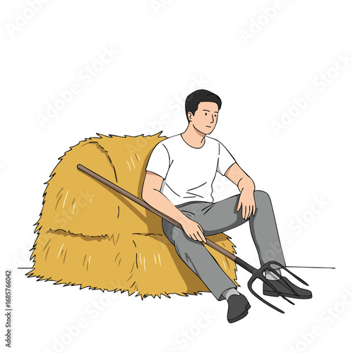 Man resting on haystack with pitchfork farm worker taking break vector illustration 
