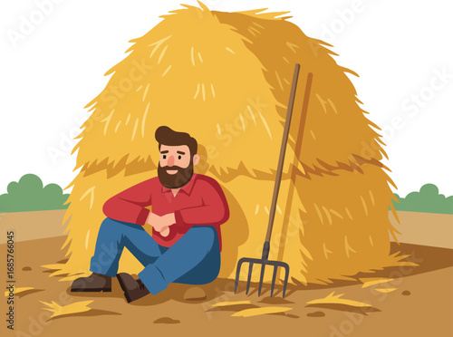 Farmer resting beside large haystack with pitchfork in rural field on sunny day vector illustration 