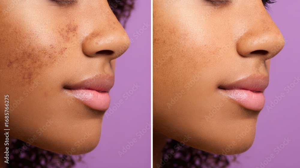 Obraz premium Before and after skin treatment showcasing improvement in complexion and texture on a model's face