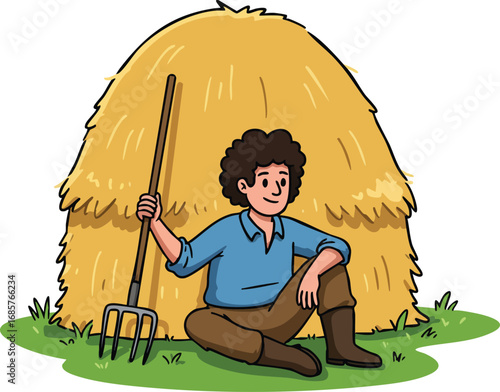 Young farmer resting with pitchfork in front of haystack on green grass vector illustration 