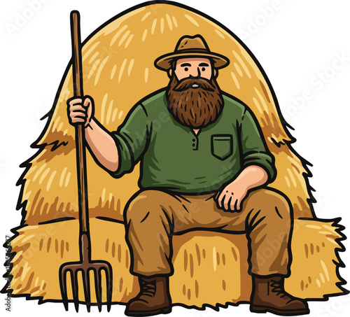 Farmer sitting on haystack holding pitchfork in countryside agricultural scene vector illustration 