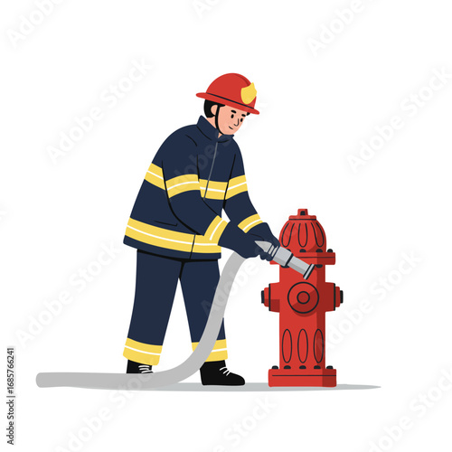 Firefighter connecting hose to red fire hydrant for emergency response safety and fire protection equipment vector illustration 