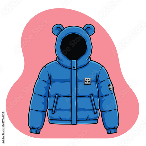 Blue puffer jacket with bear ears hood winter clothing illustration vector 