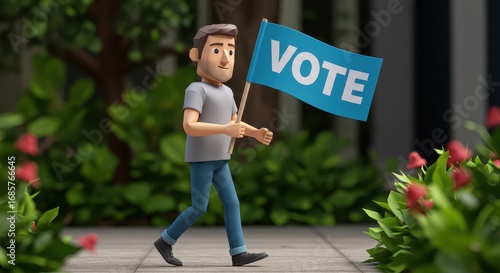 A Call to Action: A determined individual strides forward, brandishing a Vote flag. This thought-provoking image captures a sense of civic engagement and participation.