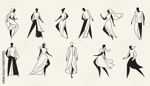 Collection of elegant fashion sketches showcasing diverse female figures in stylish attire and dynamic poses