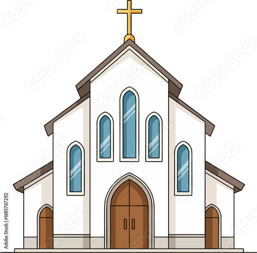 Stylized Digital Illustration of a Classic White Church with Cross and Arched Windows