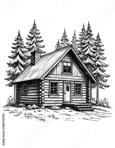 Sketch of a log cabin in a forest