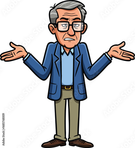 Older man shrugging shoulders confused expression casual clothing vector illustration 
