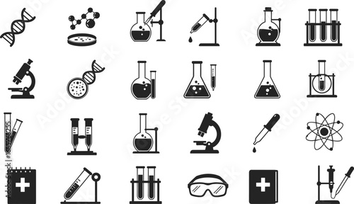 Black science and laboratory icons including DNA strands, petri dishes, flasks, pipettes, test tubes, microscopes, atom models, safety goggles, and medical notebooks.