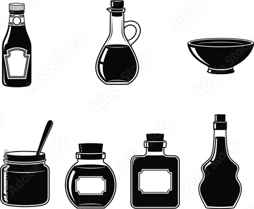 Collection of black and white condiment containers including sauce bottles, oil cruets, bowls, and spice jars with labels and a spoon in silhouette style