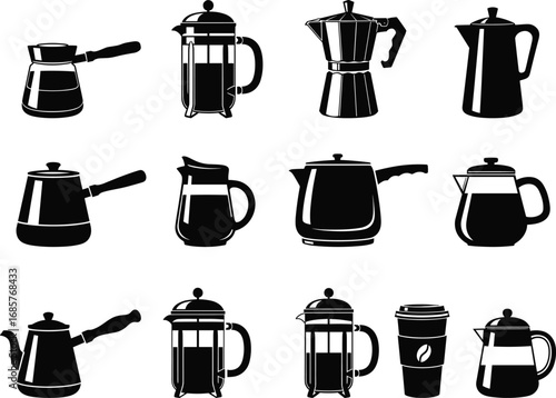 Coffee brewing equipment vector set including French press, moka pot, coffee kettles, and takeaway cups in black silhouette for café and barista designs.