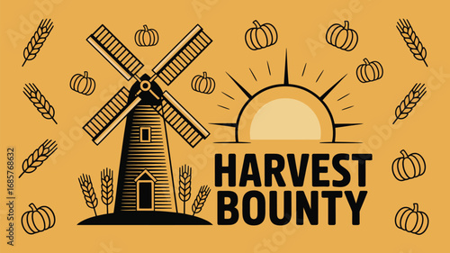 Harvest bounty autumn fall pumpkins wheat windmill sun agriculture season farm