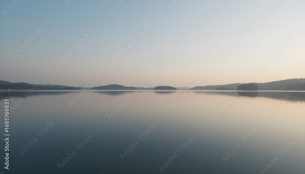 Fototapeta premium Calm lake reflecting the sky and distant land at early morning