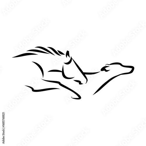 An elegant minimalist line art illustration of a running horse and a dog companion, a dynamic vector symbol of friendship, speed, and loyalty