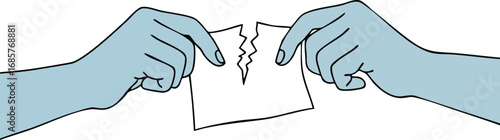 Two blue hands tearing a piece of paper in half symbolizing conflict and separation vector illustration 