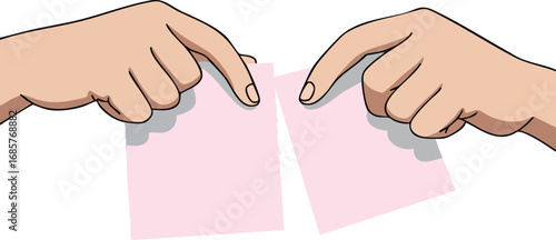 Two hands holding and tearing pink paper sheet vector illustration for creative design and communication concepts 