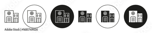 Fire station building icon set. Fire station building vector symbol in black filled and outlined style.